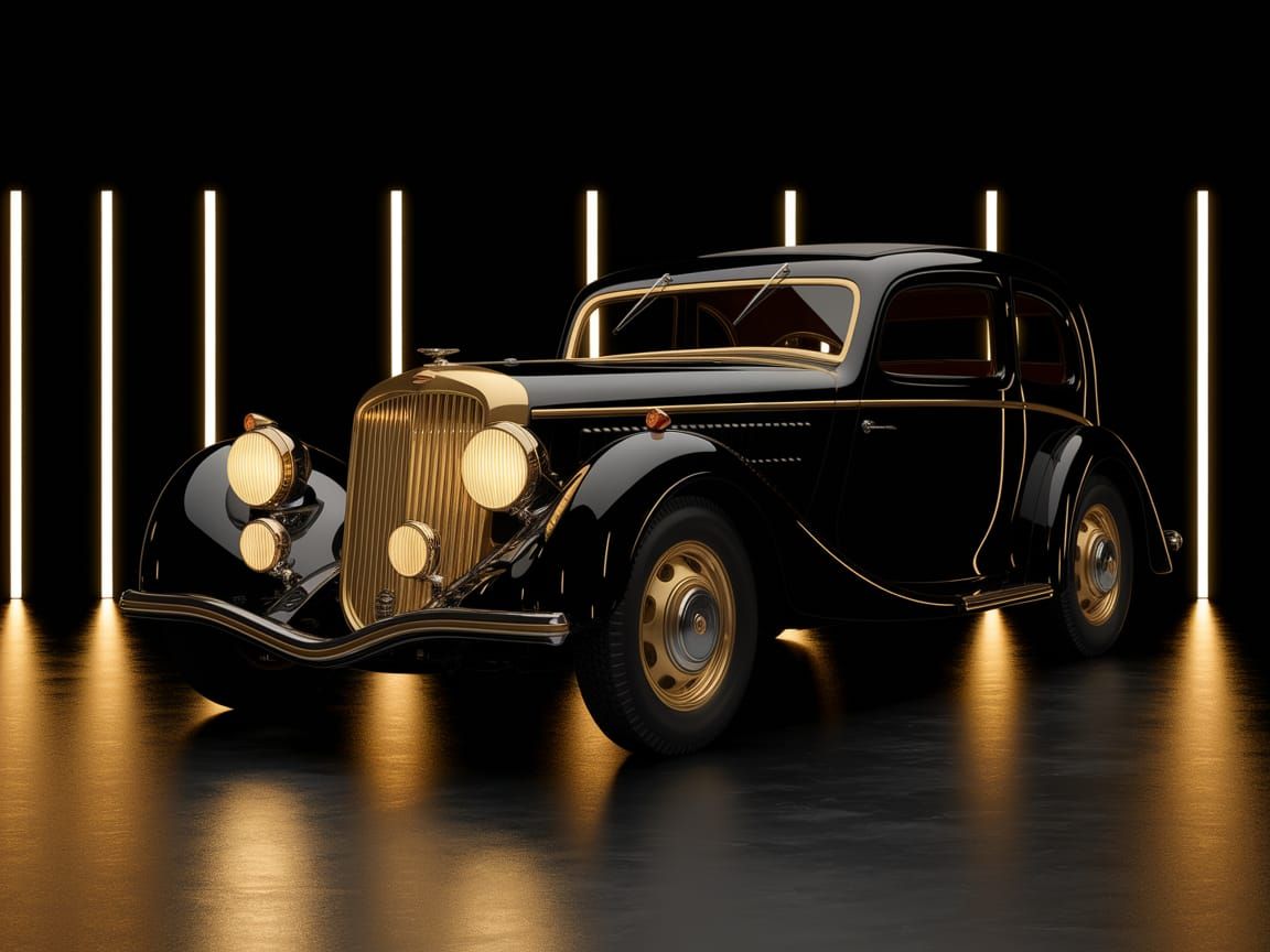 Sleek Black Vintage Car with Gold Accents