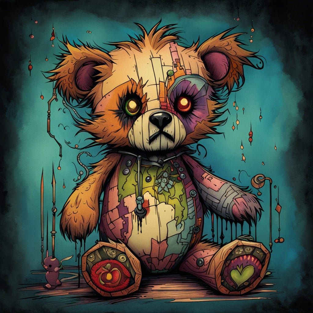 Injured Teddy Bear in Inkpunk Style