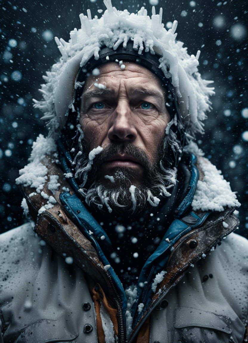 Polar Explorer Portrait in Frozen Blizzard