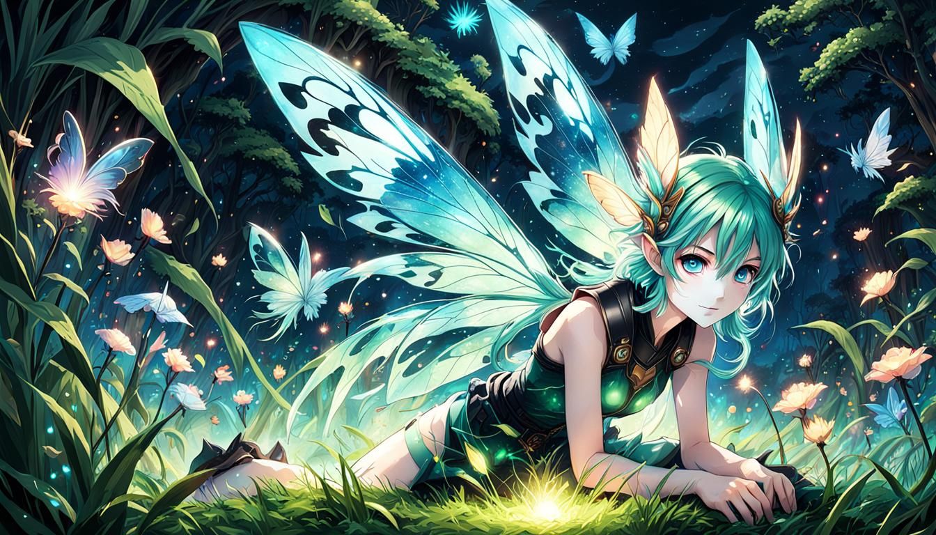 Anime Fairy with Mask Hiding in Grass
