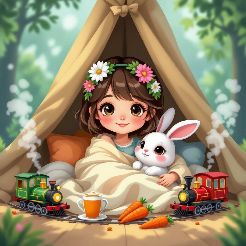 Girl and Bunny in Cozy Cartoon Fantasy