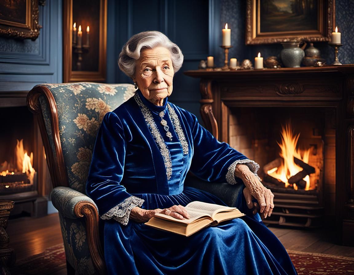 Elegant Lady by Fireplace in Nostalgic Color Pencil Art