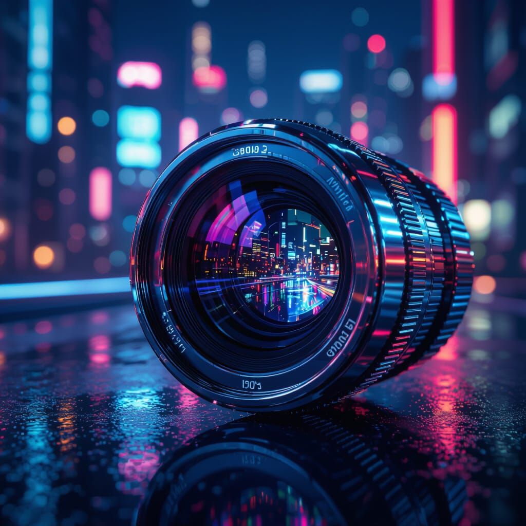 Futuristic Camera Lens Reflecting Neon Cityscape