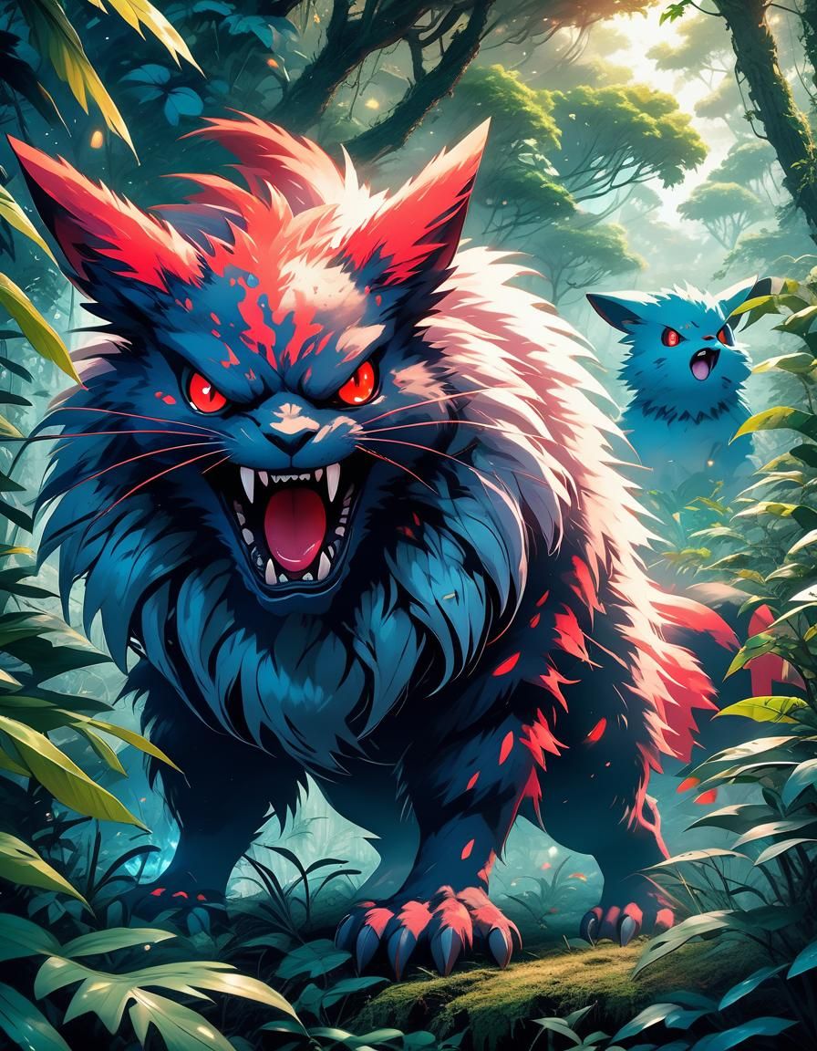 Feral Pokémon in Overgrown Jungle, Vivid Illustration