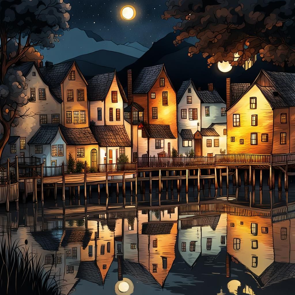 Nighttime Riverside Village in Warm Tones