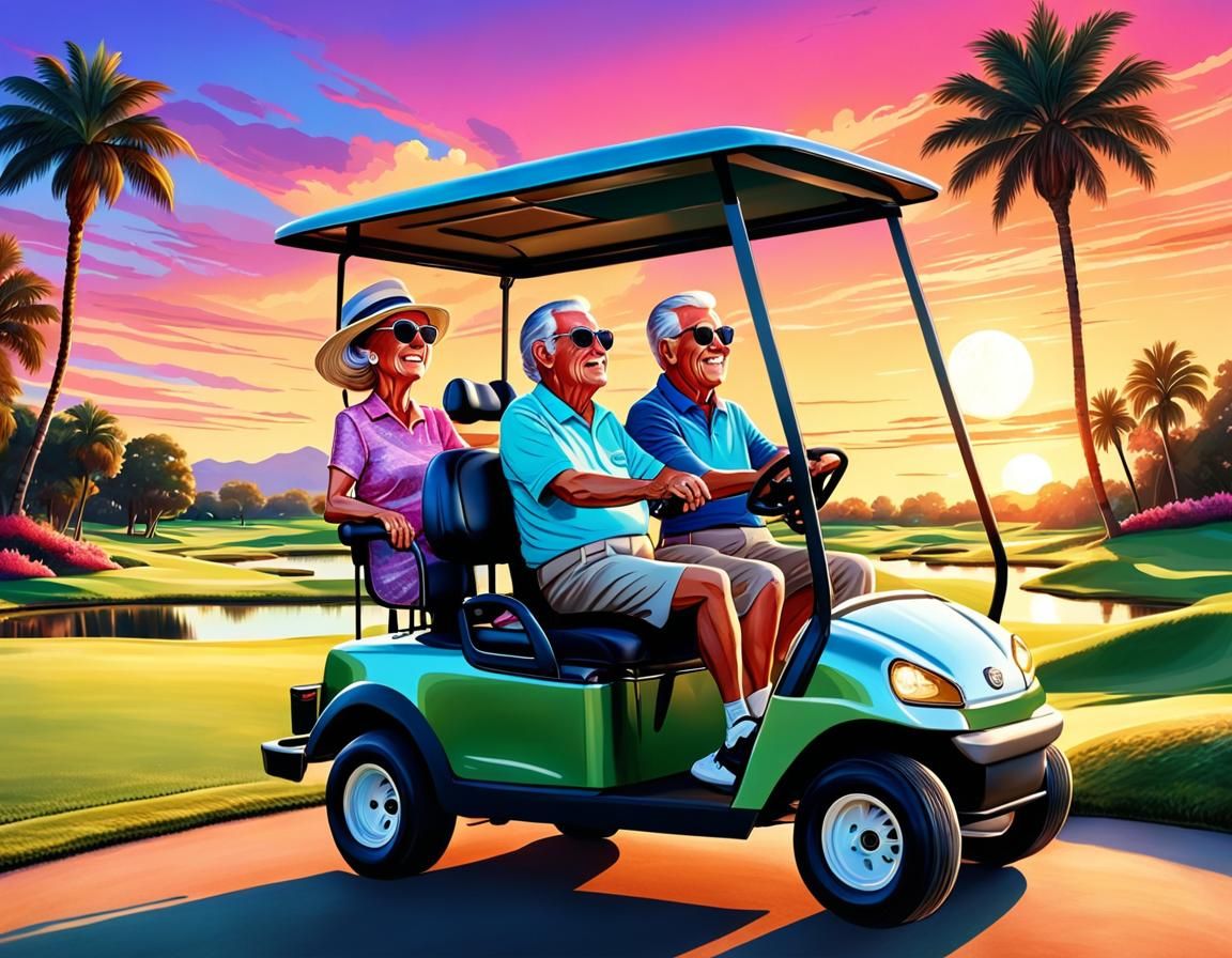Older couple riding a glamours golf cart bouncing on the gol...