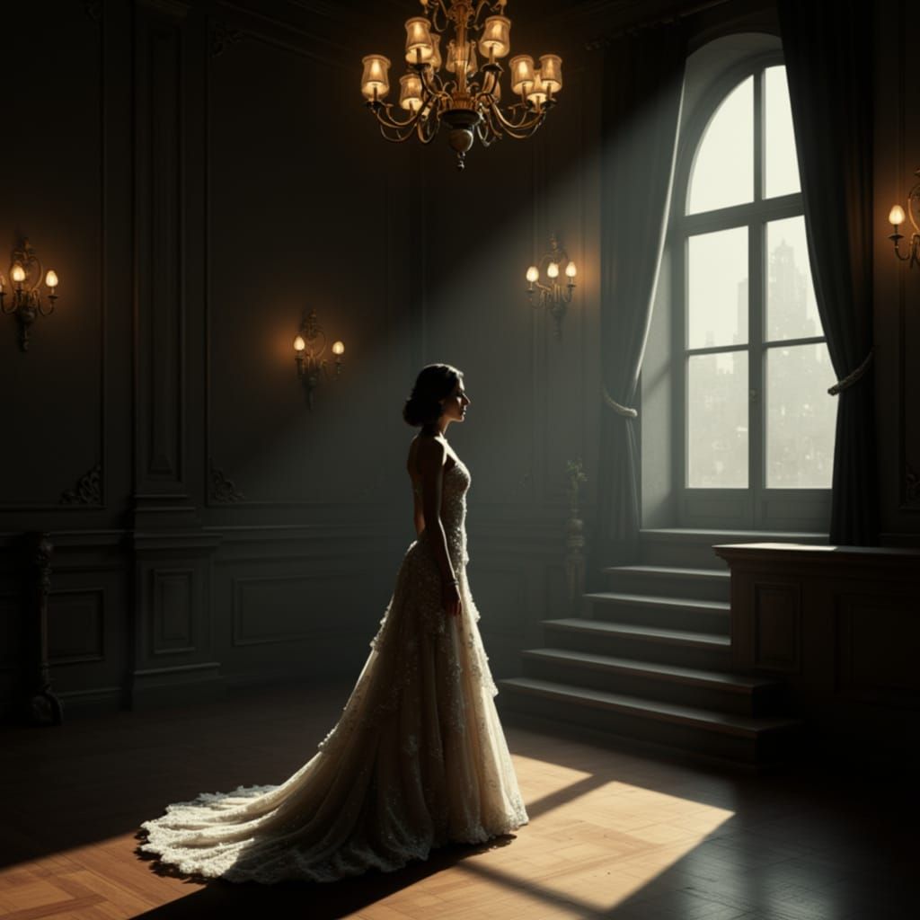 Contemplative Woman in 1950s Gown, Photorealistic Style