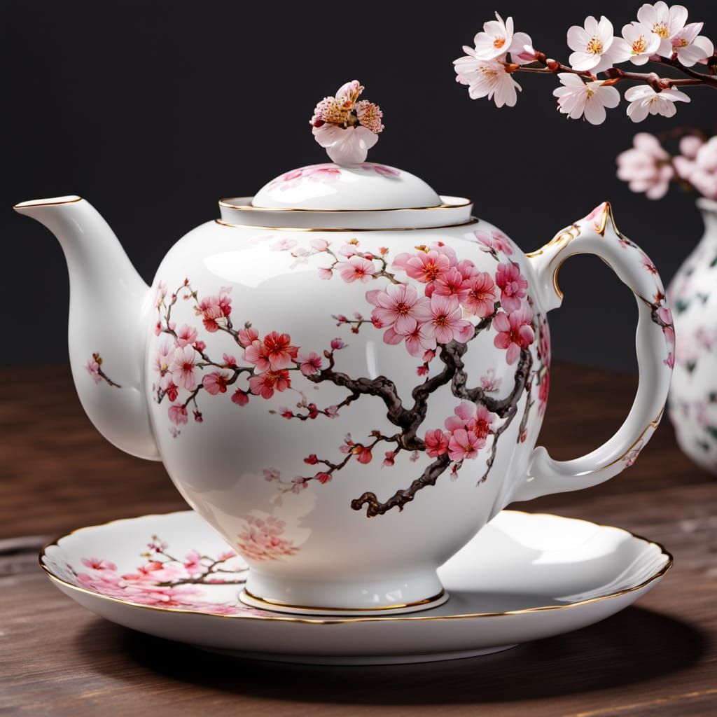 Elegant Teapot with Cherry Blossoms, Hyper-Realistic Render
