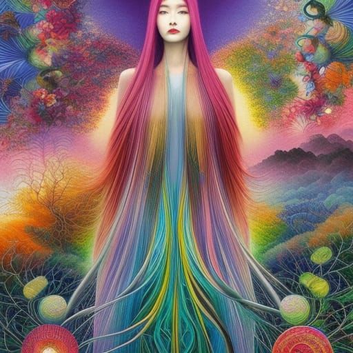 Rainbow-Human Hybrid Woman in Vines, Detailed Sculpture