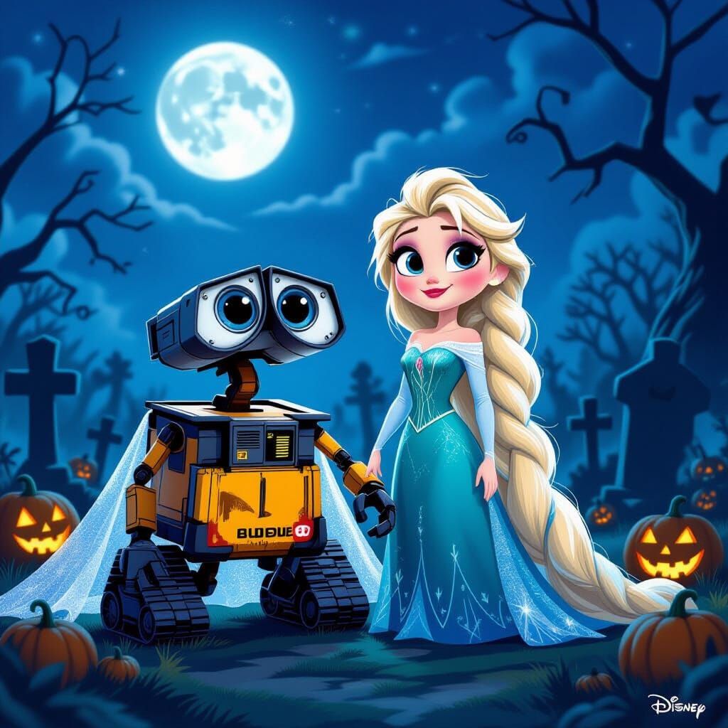 Wall-E as Elsa Meets Rapunzel as Wall-E in Graveyard