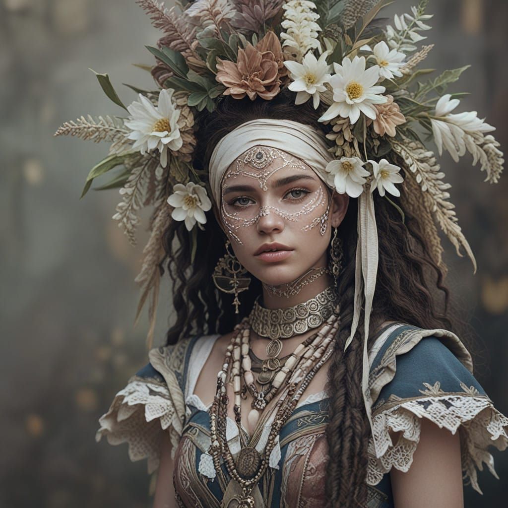 Young Herbalist in Hyperrealistic Rococo Setting