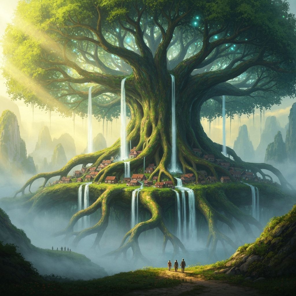 Colossal Ancient Tree Village with Cascading Waterfalls