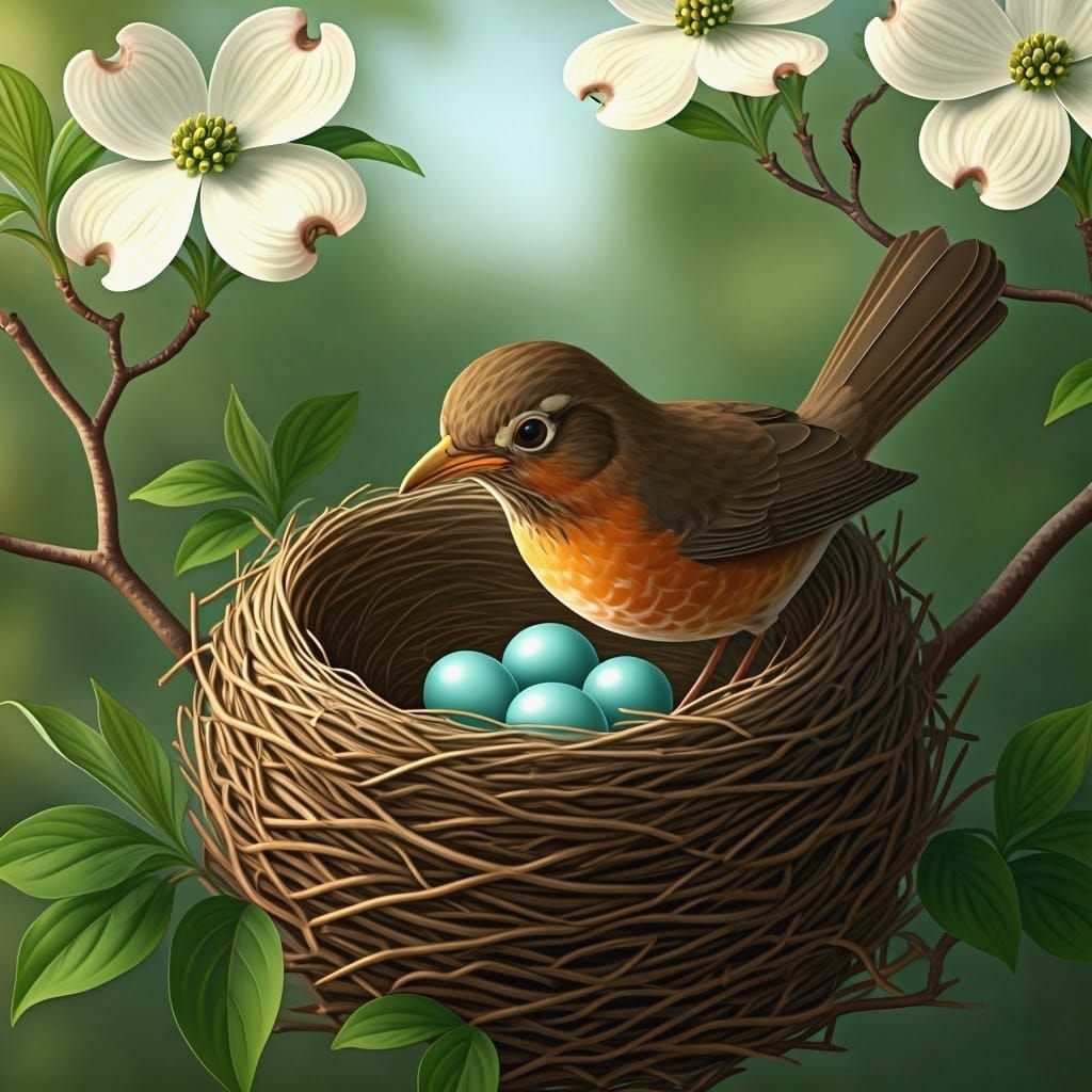 Mother Robin in Dogwood Tree Nest, Spring Serenity