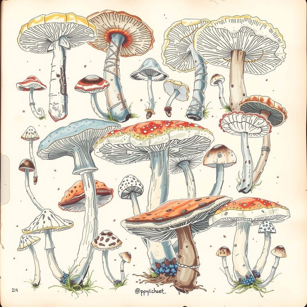 plant log of various mushrooms