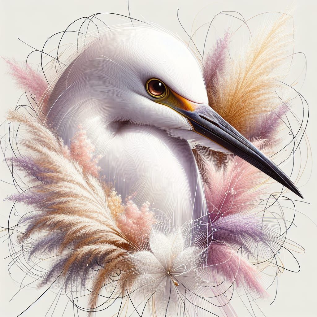 Snowy White Egret with Pampas Grass Background