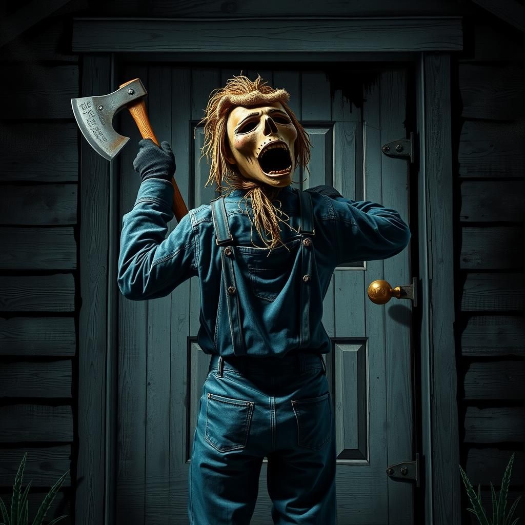 Menacing Scarecrow Figure at Farmhouse Door in Gothic Horror...