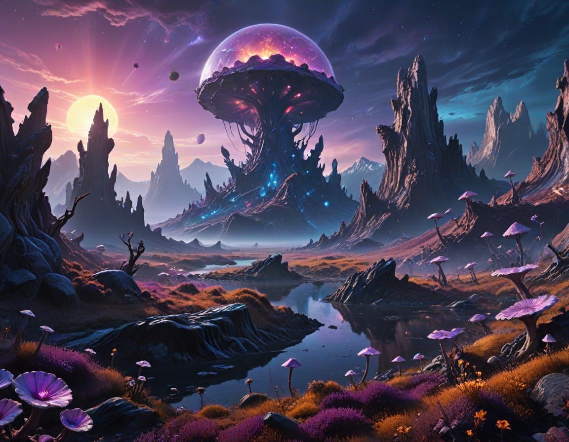 Alien Planet Concept Art with Crystalline Mountains