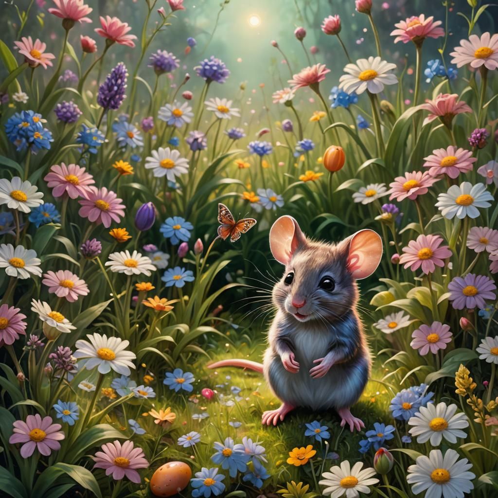 Enchanted Mouse Finds Easter Eggs in Meadow