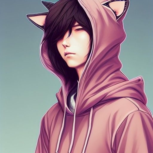 Anime Boy with Cat Ear Hoodie, Digital Art