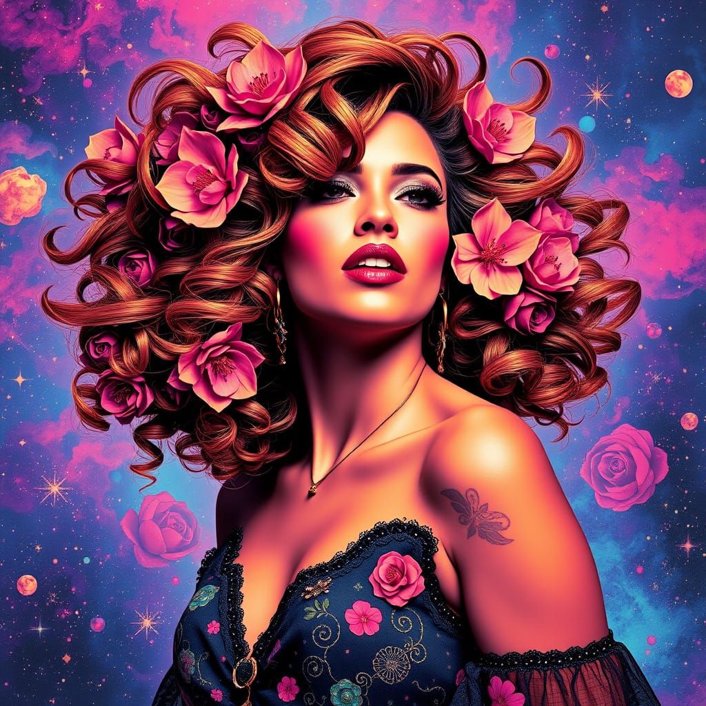 Cosmic Pop Art Singer with Floral Hair