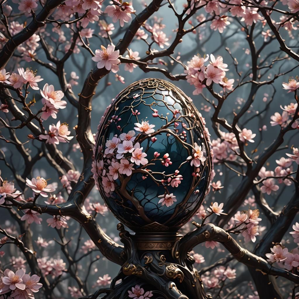 Ornate Glass Egg with Sakura Tree