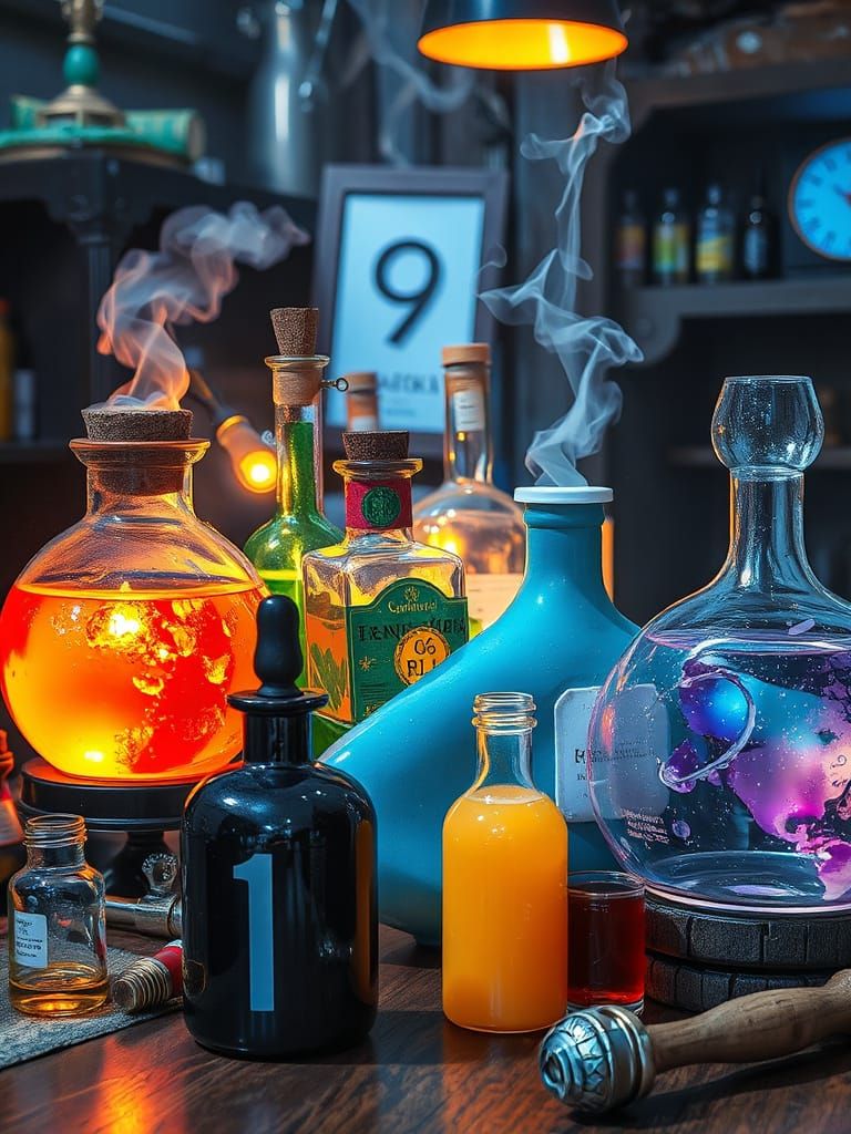 Glowing Magic Potions in Abstract Alchemist Lab