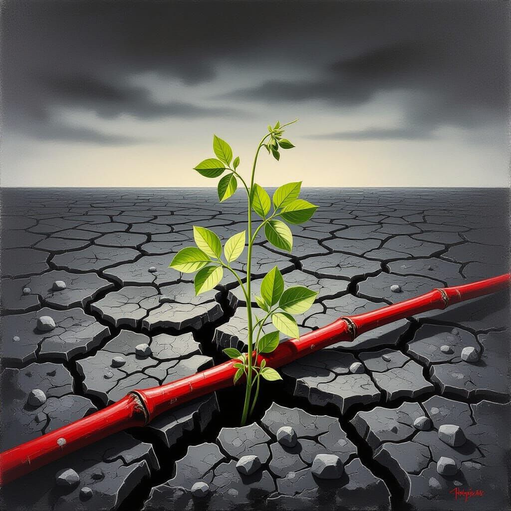 Monochromatic Pea Plant in Barren Landscape as Impasto Paint...