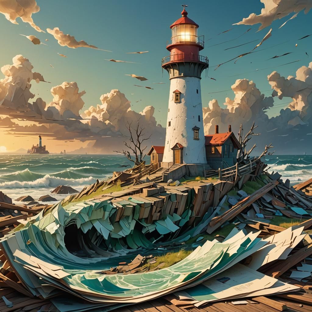 Lighthouse Torn from Pop-Up Book, Detailed Matte Painting
