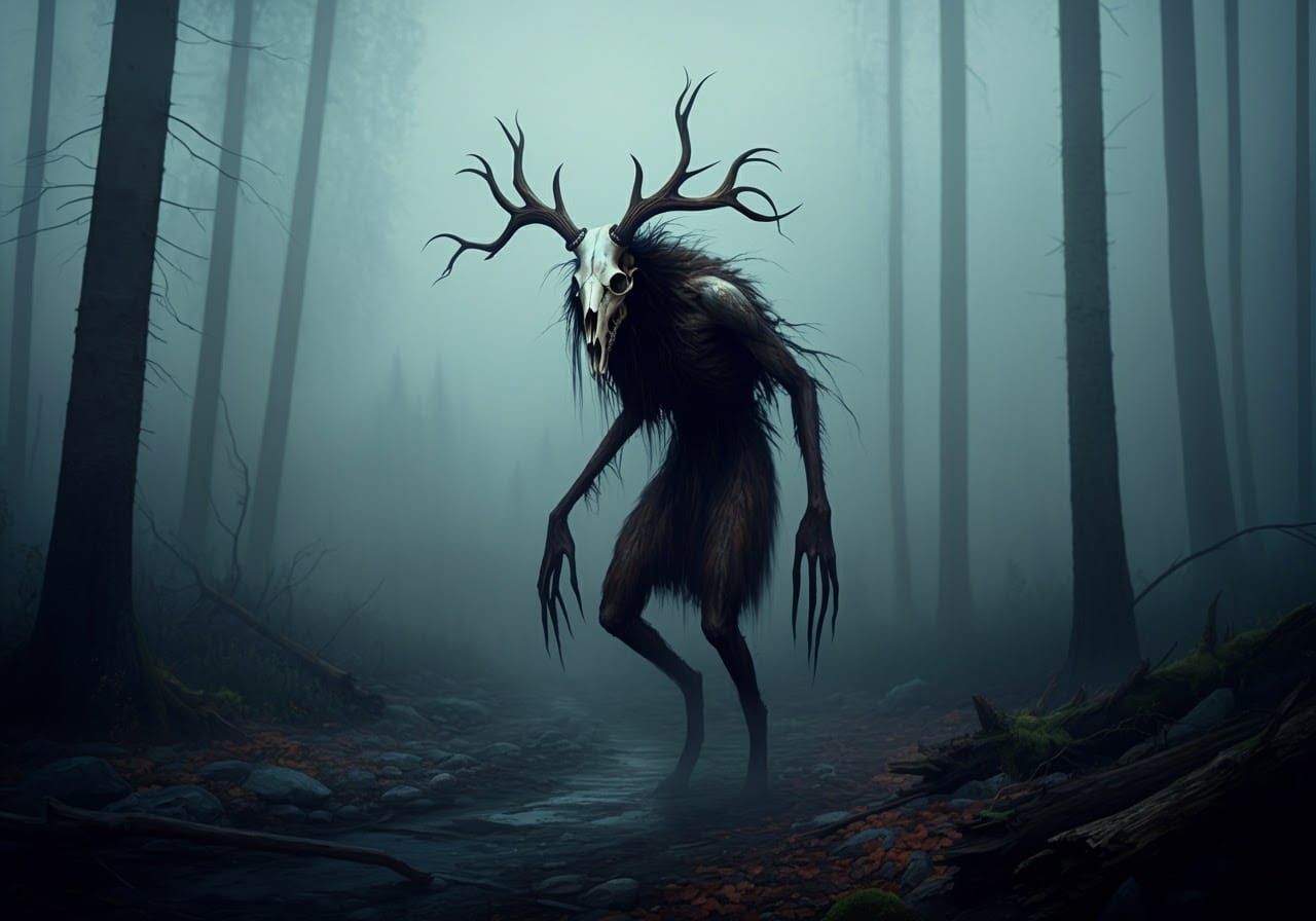 Eerie Wendigo in Foggy Forest Illustration