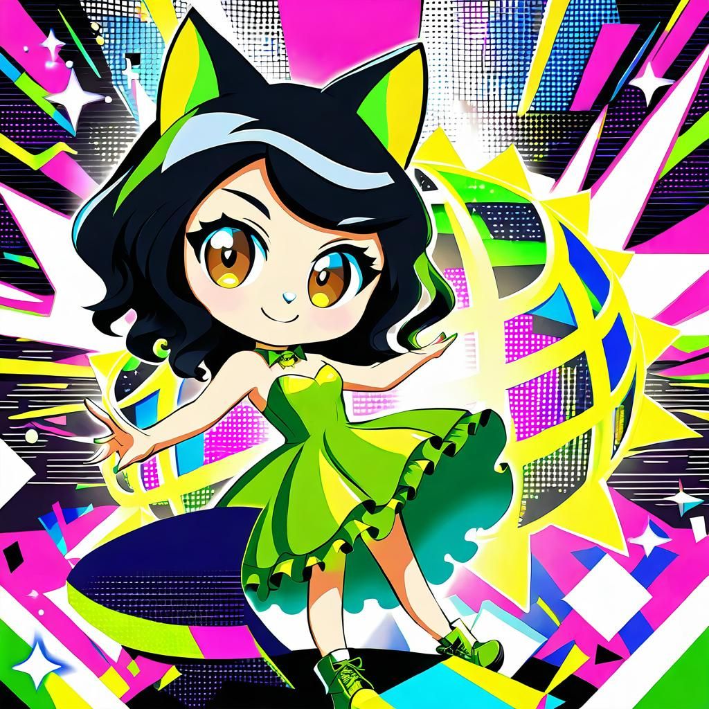 Brazilian Cat-Girl Dancing at Rave in Comic Book Style