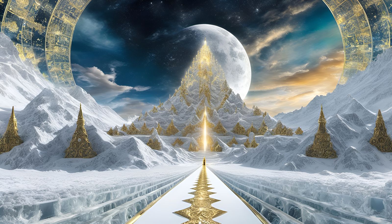 Golden Path to Asgard in Glitch Art Style