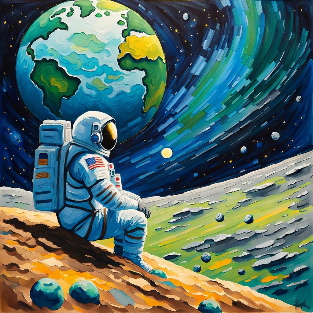 Astronaut on Moon in Gouache Watercolor Style
