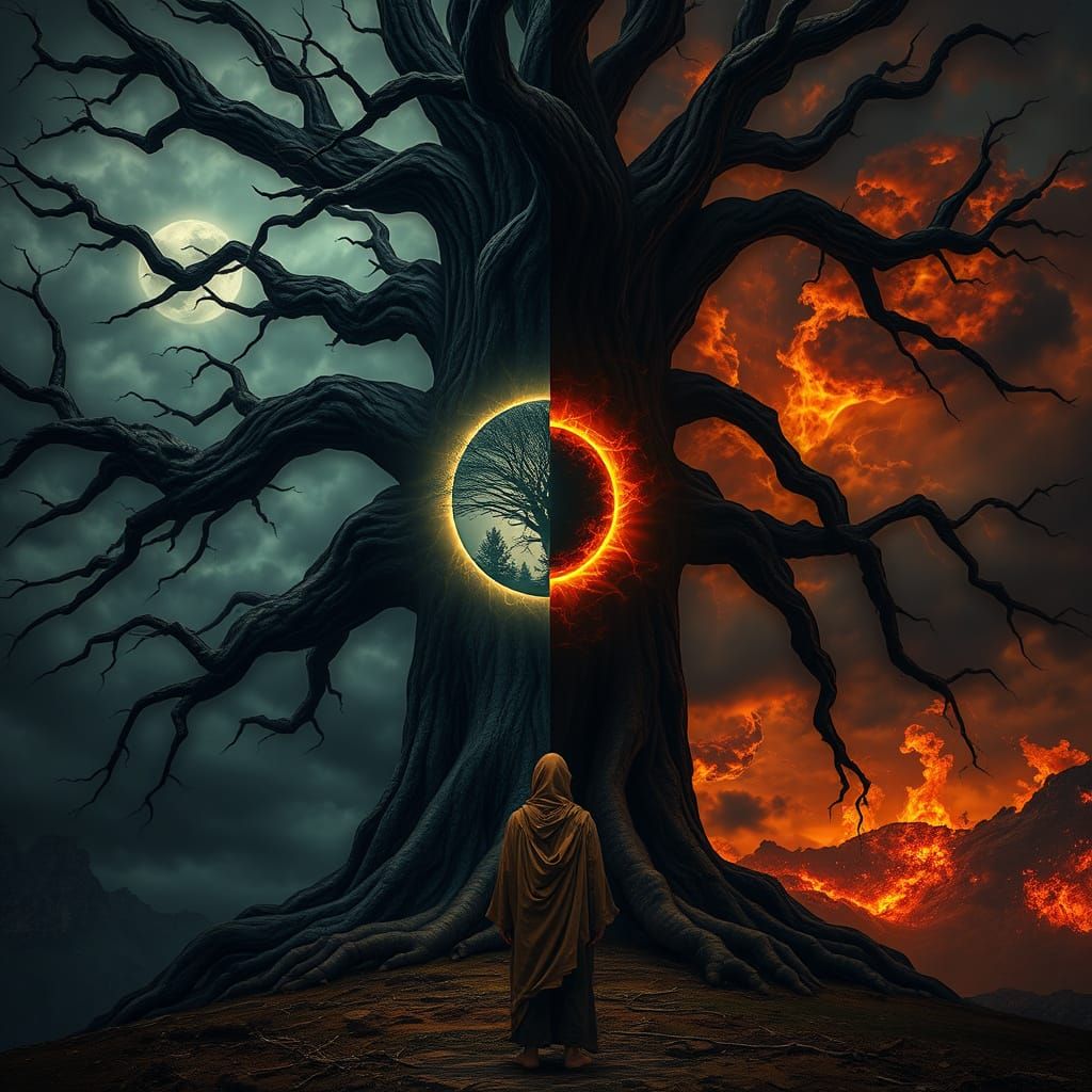 Colossal Tree at Wasteland's Edge in Surreal Style