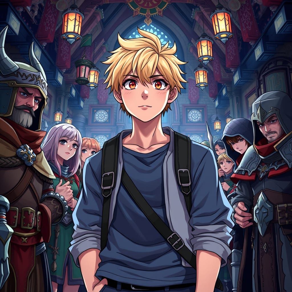 Young Adventurer Surrounded by Fantasy Allies in Vibrant Ani...