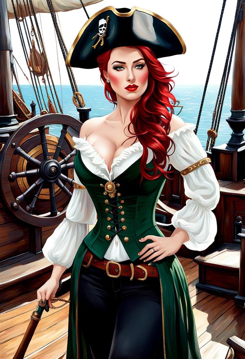 Pirate Lady Portrait in Watercolor Ink Style