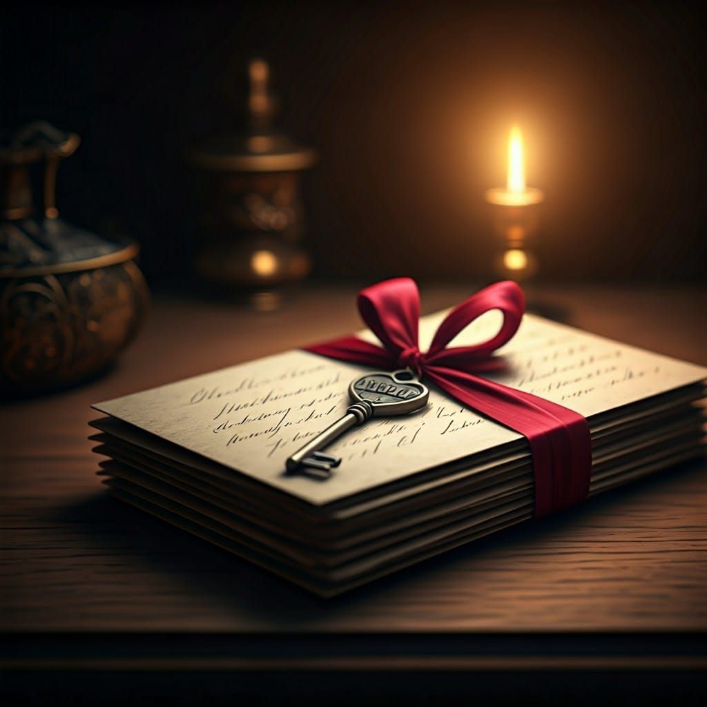 Vintage Love Letters Adorned with Skeleton Heart Key in Whim...