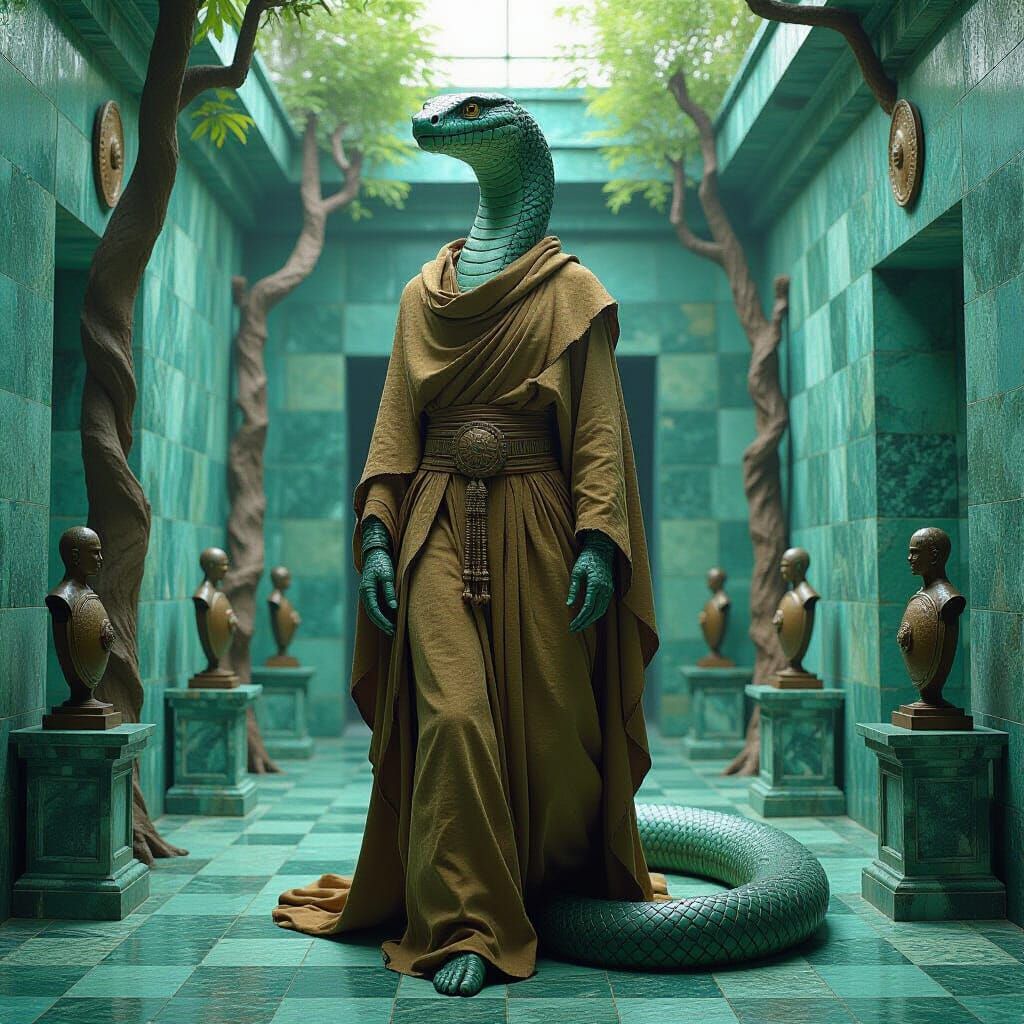 Serpent God in Crumbling Garden, Dark Fantasy Style