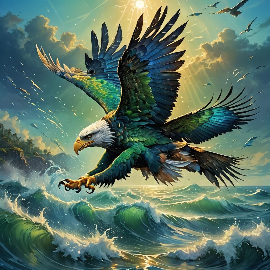 Green and Blue Eagle Soaring Above Ocean