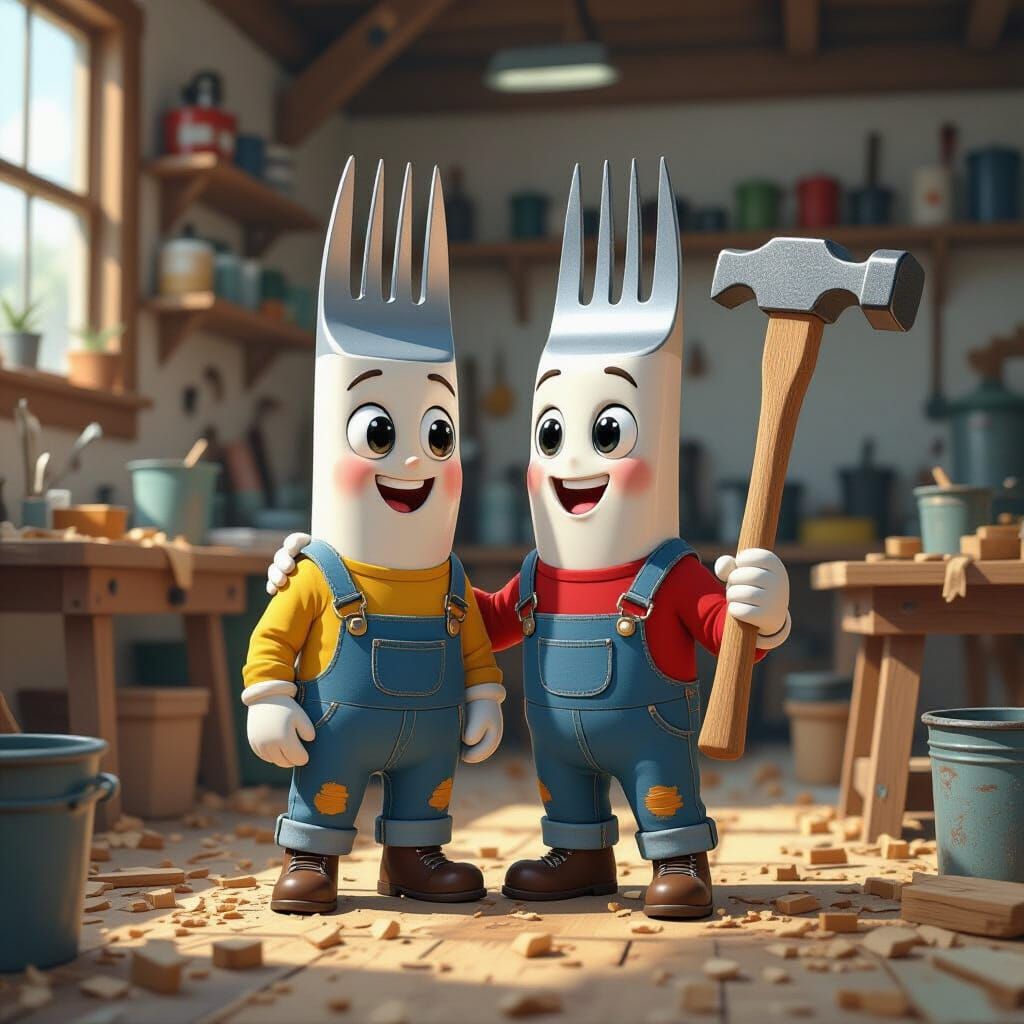 Anthropomorphic Fork and Hammer Best Friends in Workshop
