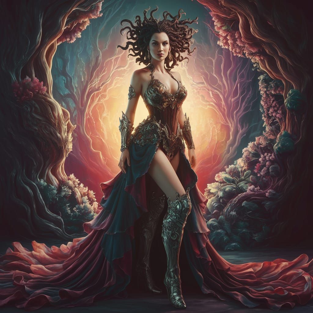 Medusa Goddess Stands Confidently in Whimsical Forest