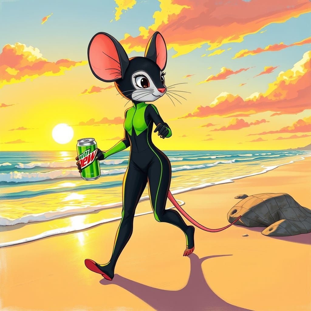 Mouse Humanoid on Beach with Mountain Dew