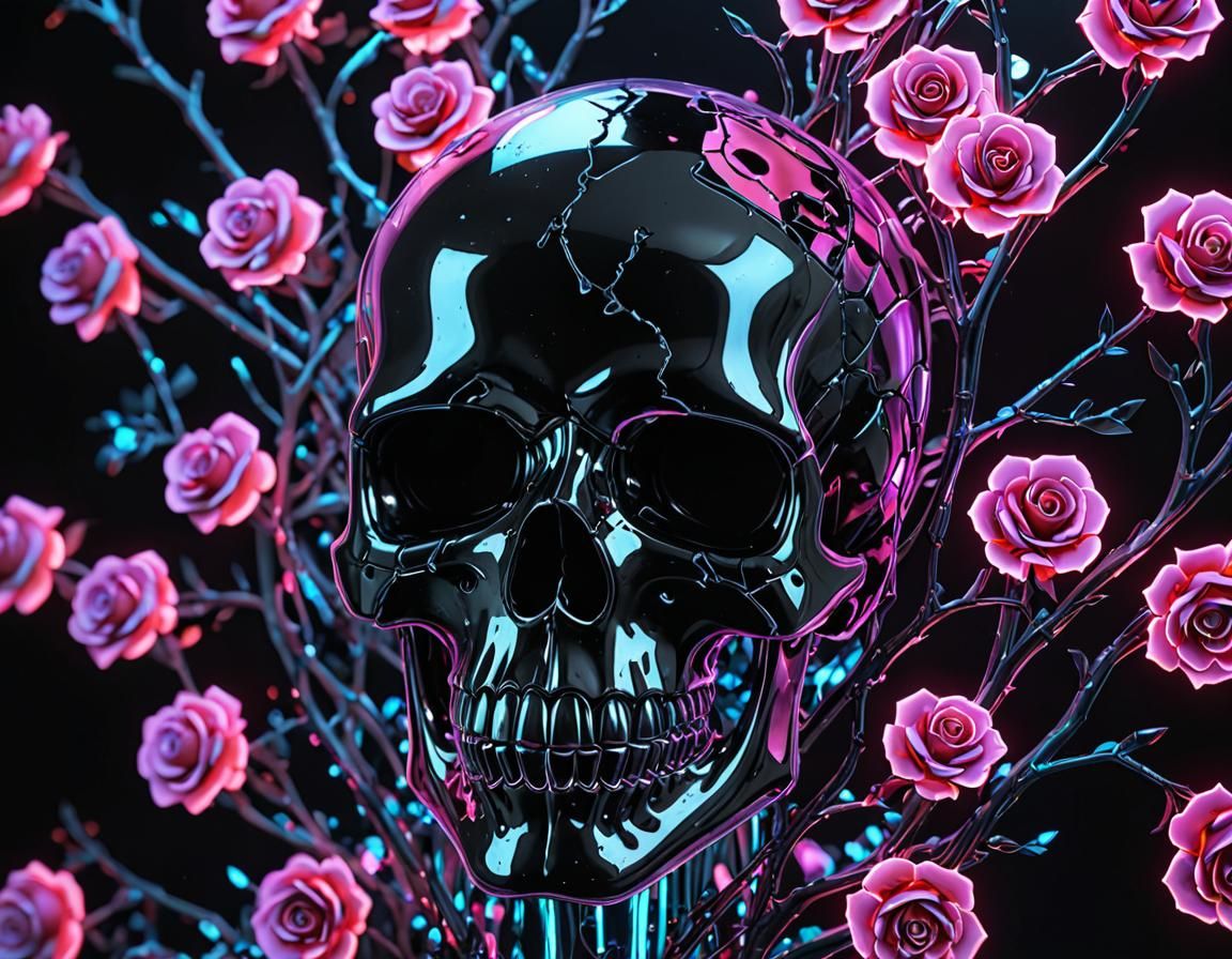 Holographic Skull with Neon Roses in Anime Style