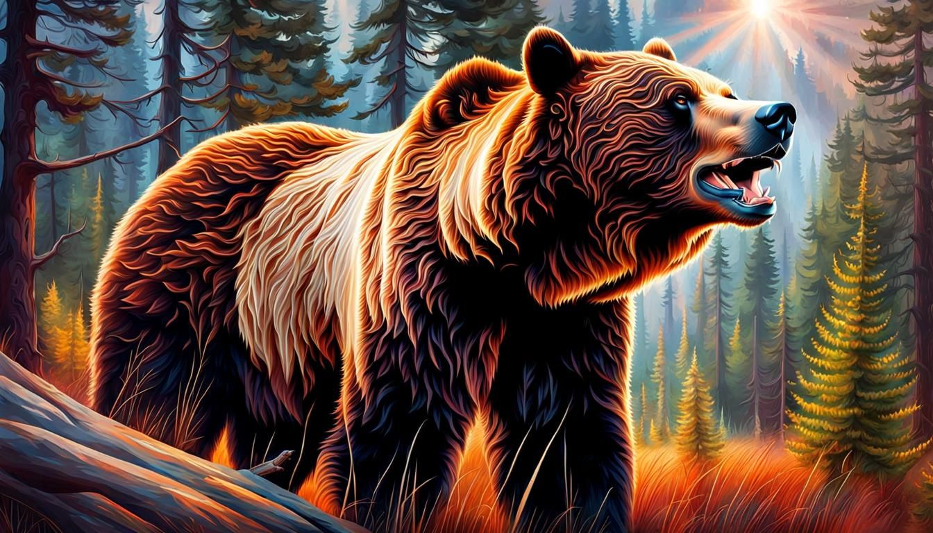 Emotional Bear Attack in Double Exposure Style