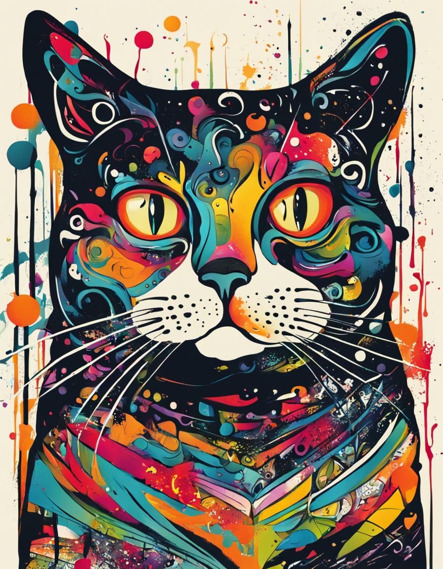 Vivid Abstract Ink Drawing of a Fat Cat