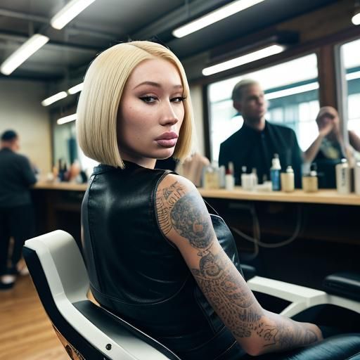 Woman with Bob Haircut in Barber Chair, Professional Photo