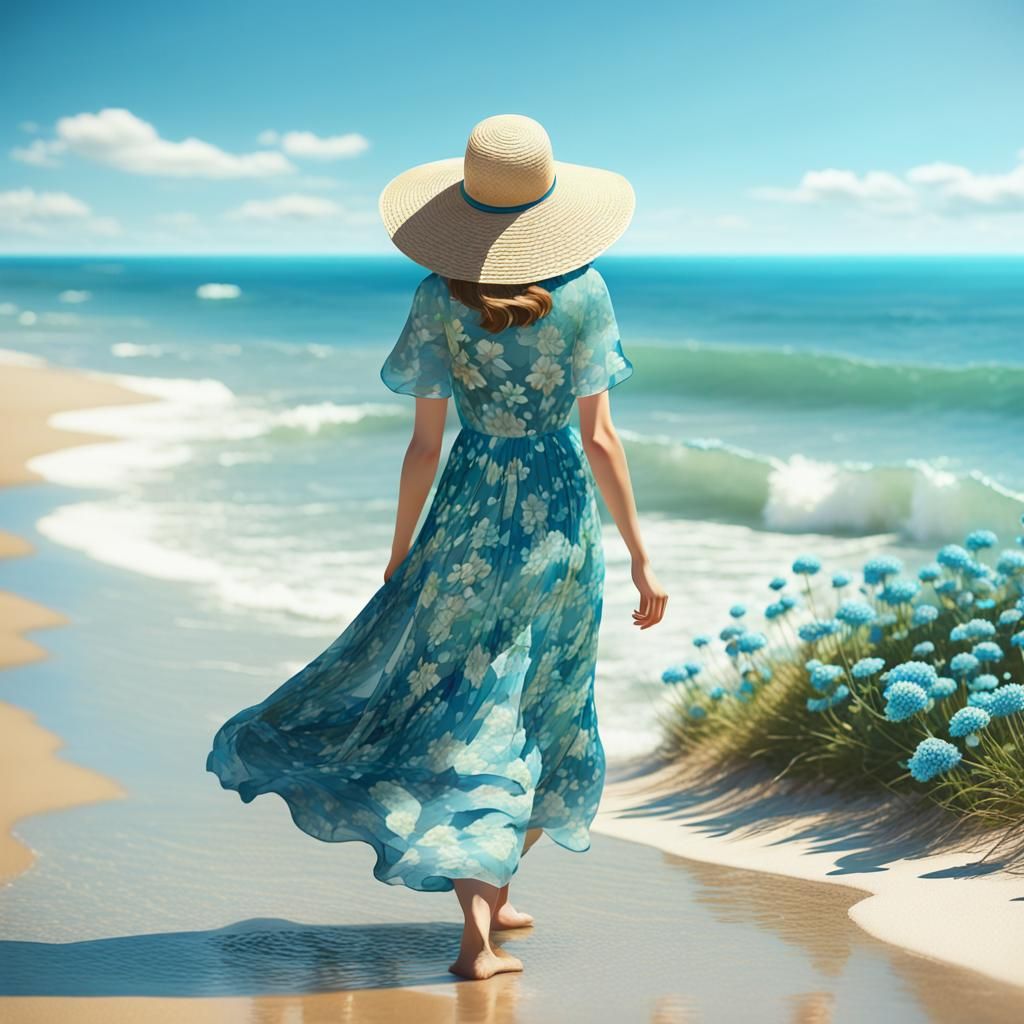 Woman on Beach Follows Flowers: 3D Digital Art
