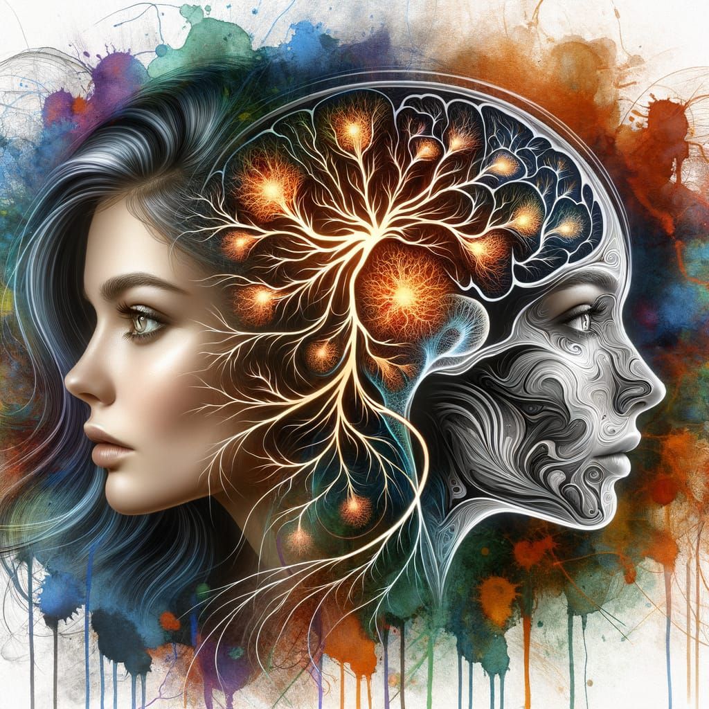 Striking Woman Merged with MRI Scan in Double Exposure