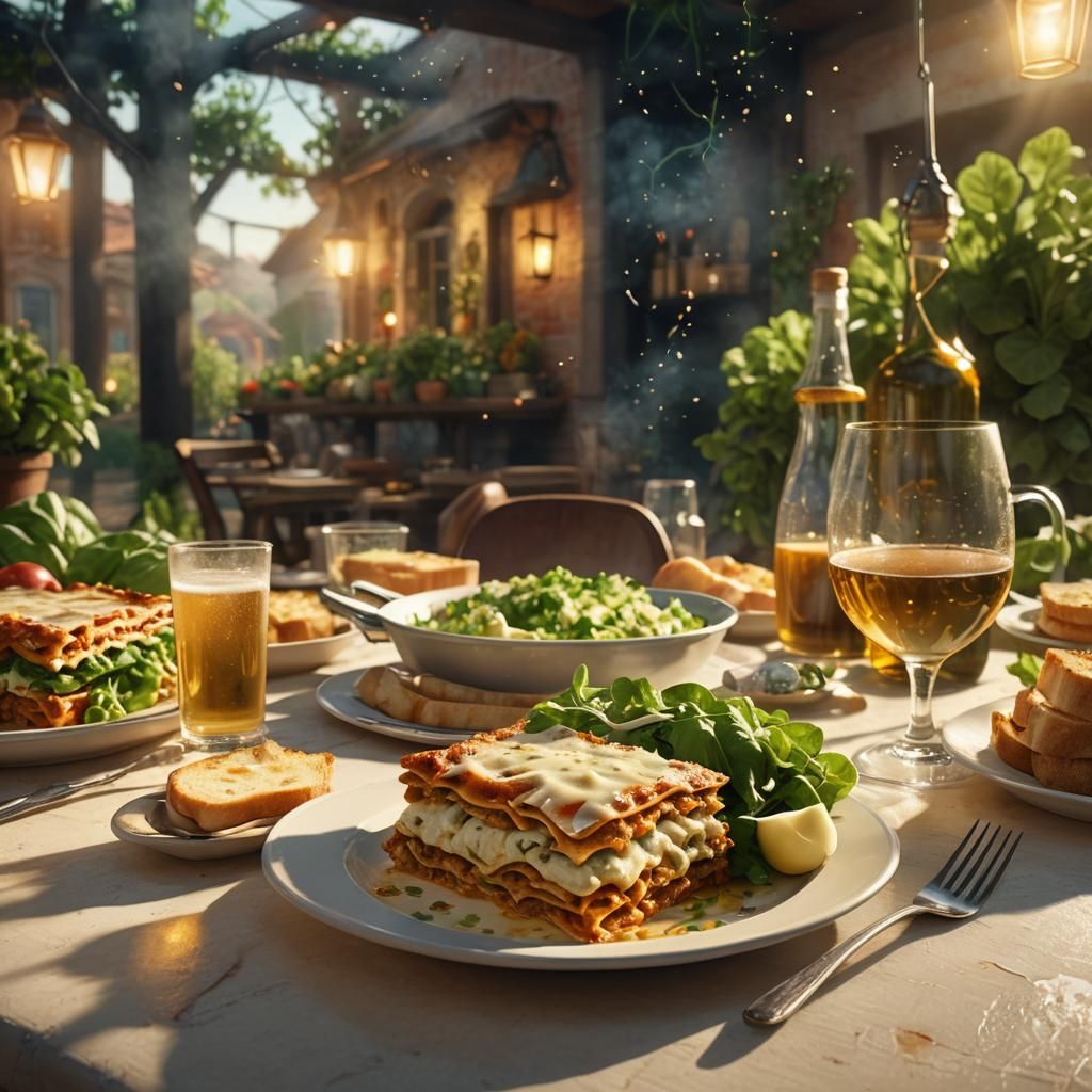 Lasagna, Garlic Bread, and Salad Still Life