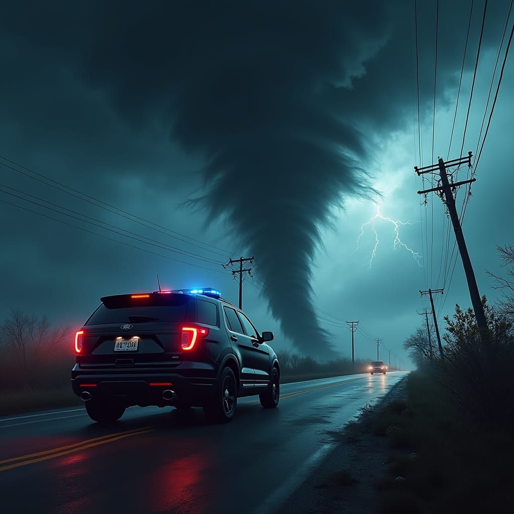 Tornado Confronts Matte Black Police Vehicle in a Stormy Lan...