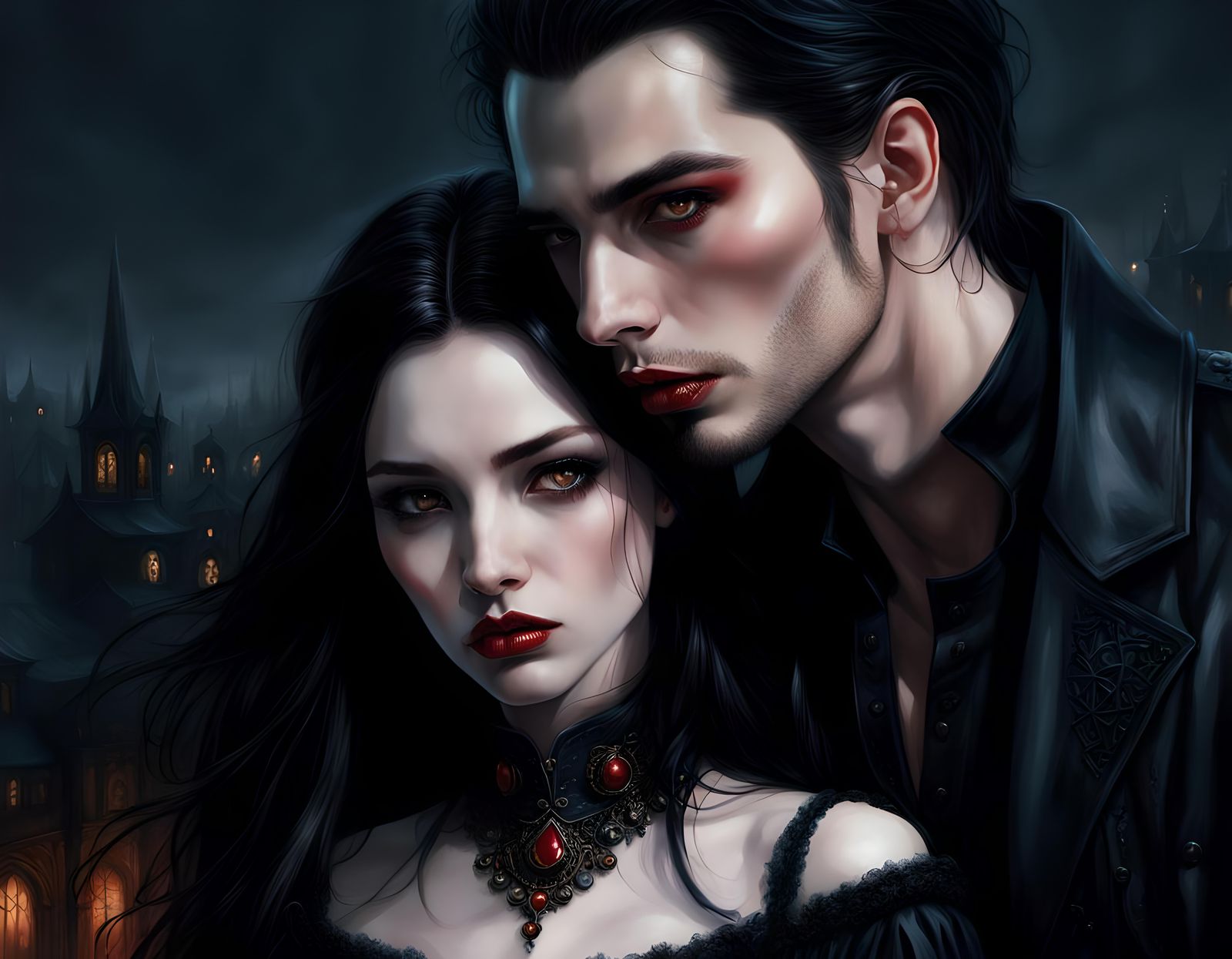 Gothic Vampire Couple in Dark Cityscape